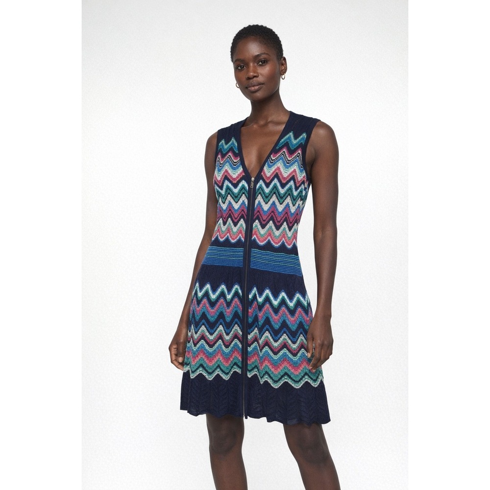 Laundry by Shelli‎ Segal Chevron Knit Sleeveless Zip Front Midi Dress Multi M